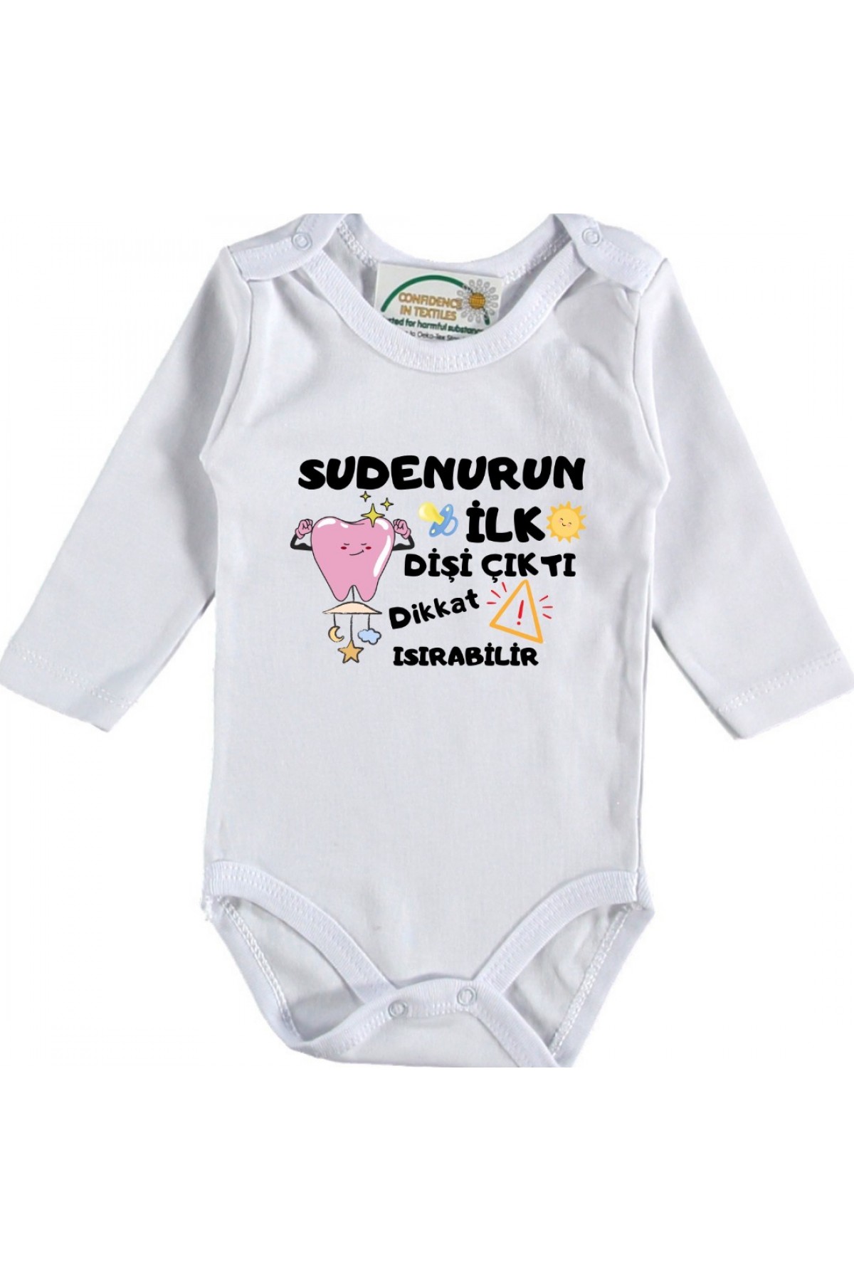 İlk Dişi Çıktı Dikkat Isırabilir Yazılı Kız Bebek Zıbın