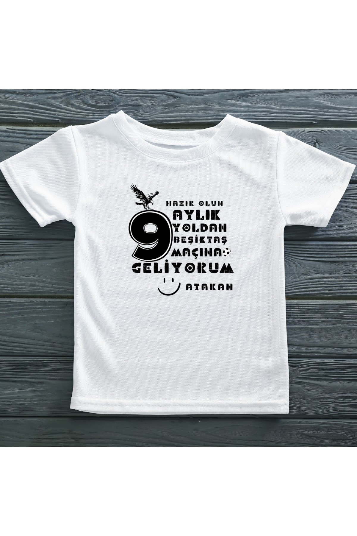 Hazır Olun  9 Aylık Yoldan Maçıına Geliyorum Yazılı Kişiye Özel Çocuk Tişörtü