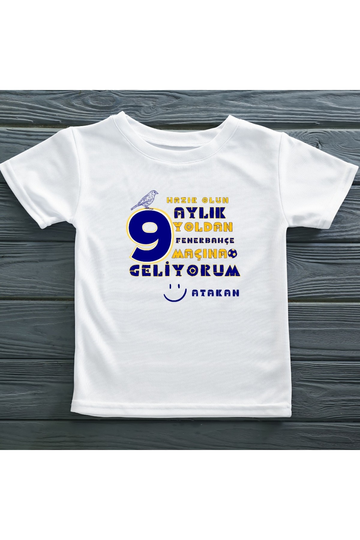 Hazır Olun  9 Aylık Yoldan Maçıına Geliyorum Yazılı Kişiye Özel Çocuk Tişörtü