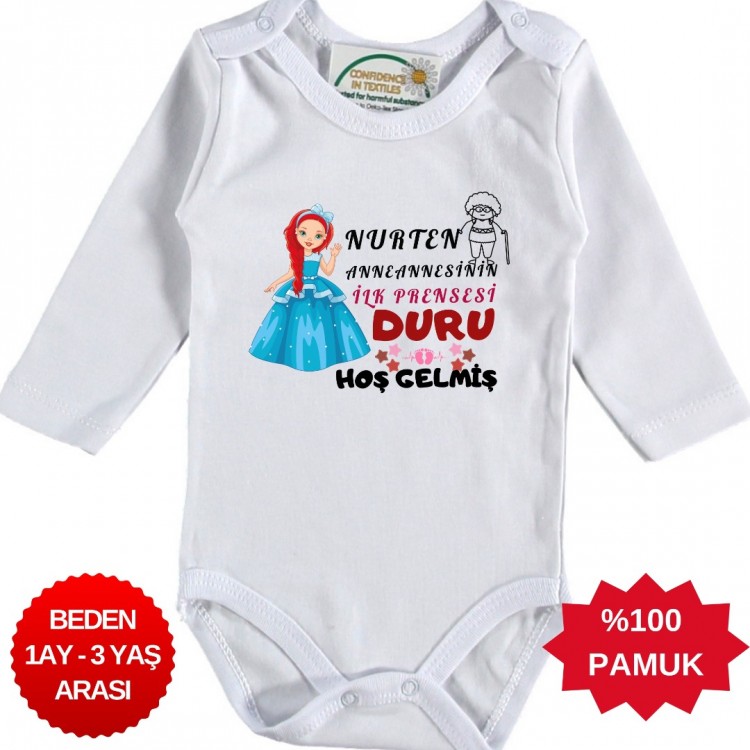 Anneannesinin İlk Prensesi Hoş gelmiş  Yazılı Kişiye özel Kız Bebek Zıbın