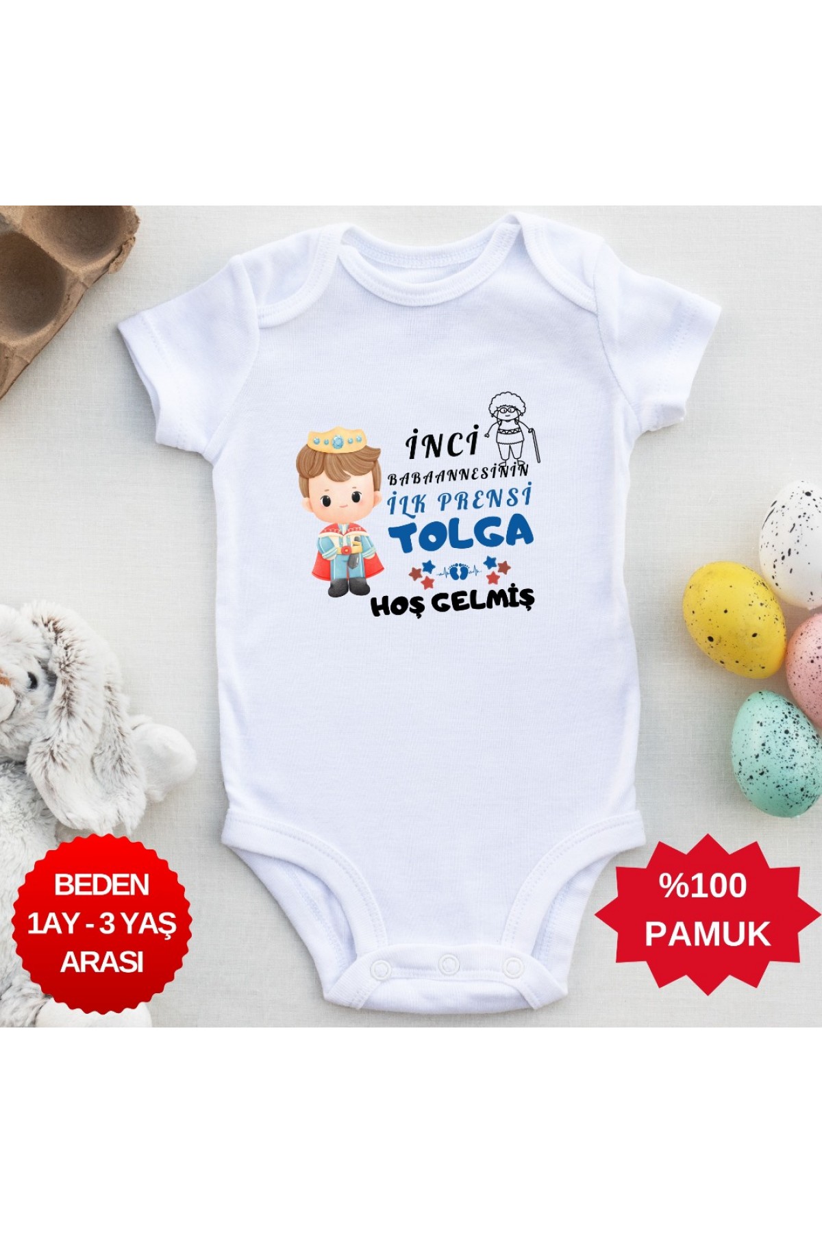 Babaannesinin İlk Prensi Hoş gelmiş  Yazılı Kişiye özel Erkek Bebek Zıbın