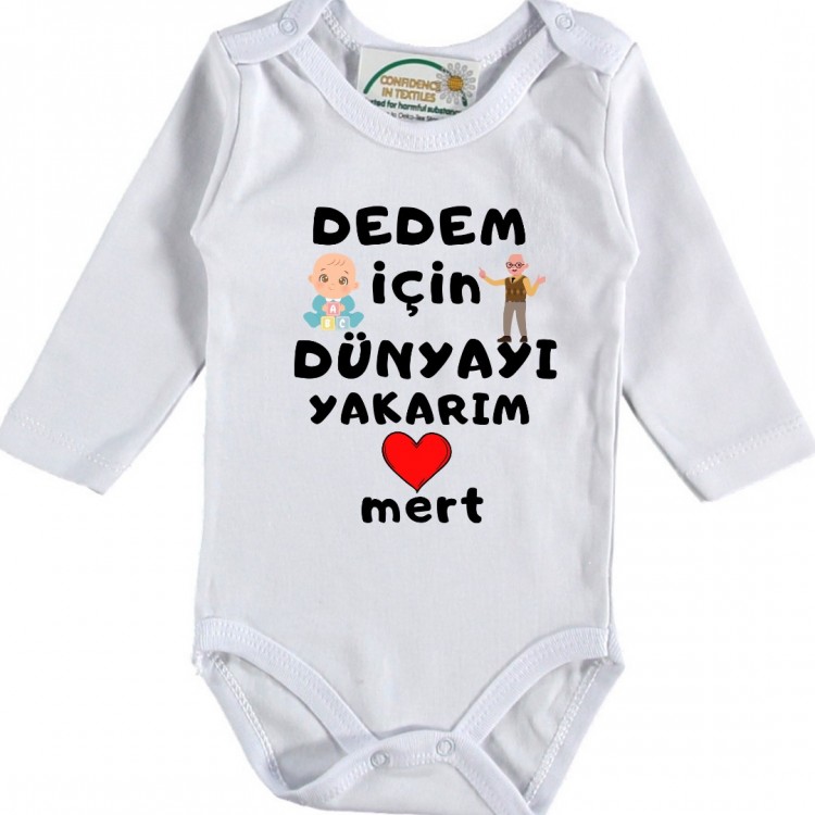 Dedem için Dünyayı Yakarım Yazılı Kişiye özel Erkek Bebek Zıbın
