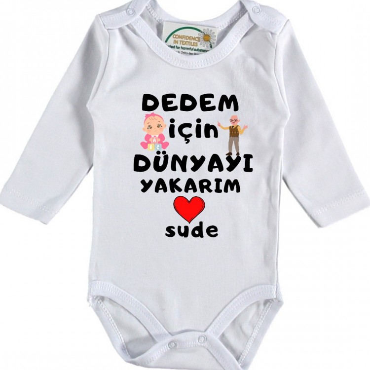 Dedem için Dünyayı Yakarım Yazılı Kişiye özel Kız Bebek Zıbın