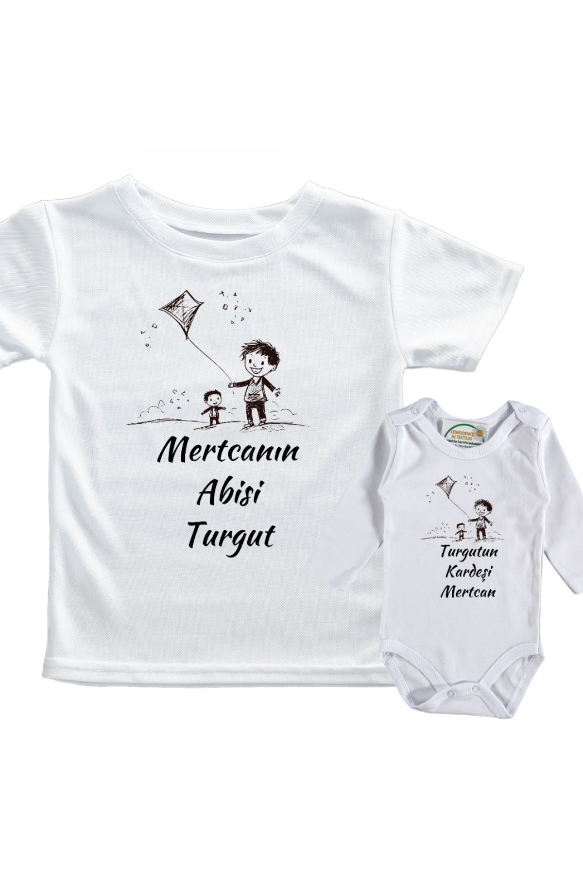 Abi Kardeş Uçurtma temalı Yazılı Kişiye Özel Çocuk 2'li Kombin