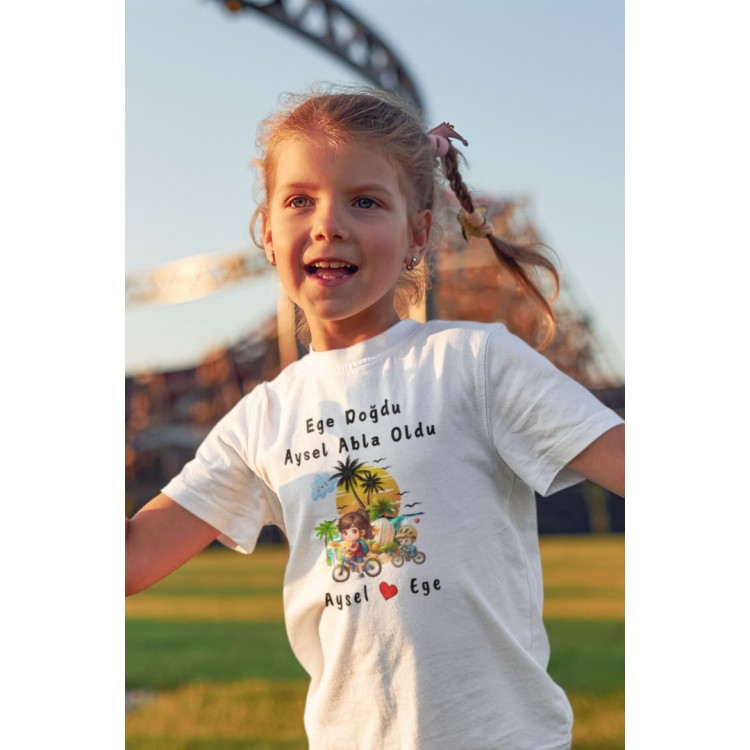 Abla Oldum Sahil temalı Yazılı Kişiye Özel Çocuk Tişörtü Abla Oldum Sahil temalı Yazılı Kişiye Özel Çocuk Tişörtü