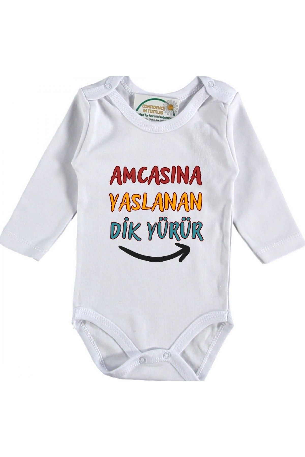 Amcasına Yaslanan Dik Yürür Yazılı Kişiye özel Bebek Zıbın