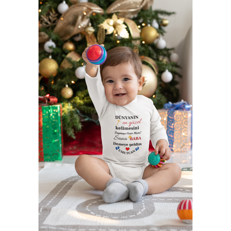 Dünyanın En Güzel kelimesi baba Demeye Geldim Kişiye Özel Erkek Bebek Zıbın