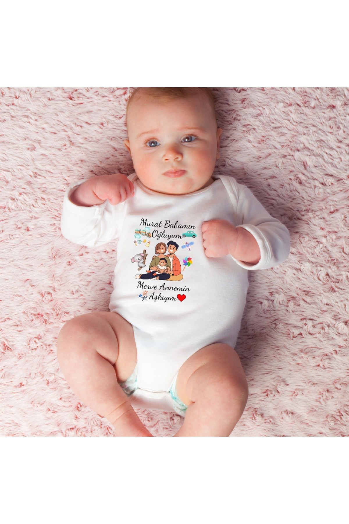 Babamın Oğluyum Annemin Aşkıyım Yazılı Kişiye özel Bebek Zıbın