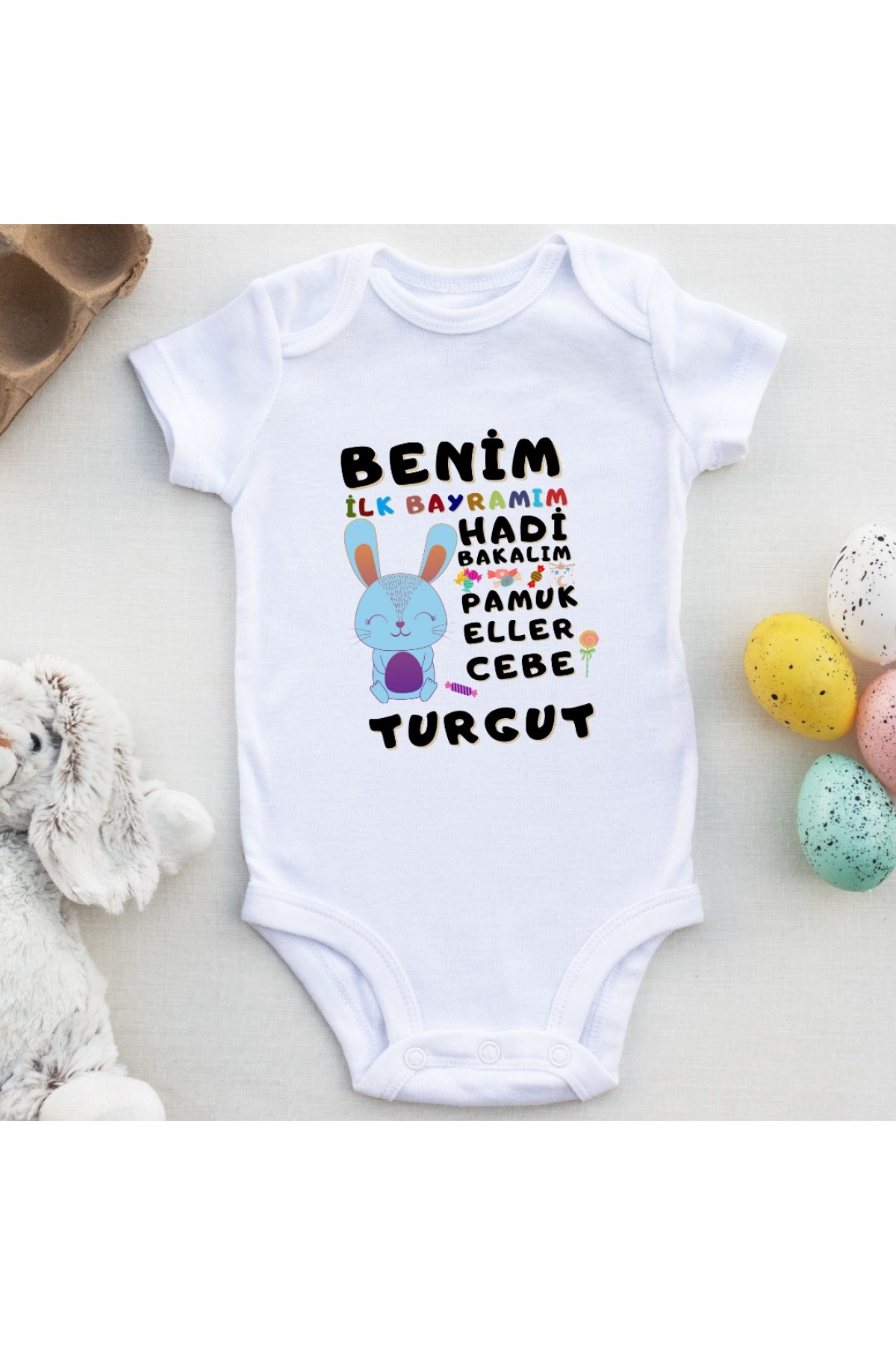Benim İlk Bayramım Pamuk Eller cebe tavşanlı tasarım Yazılı Bebek Zıbın