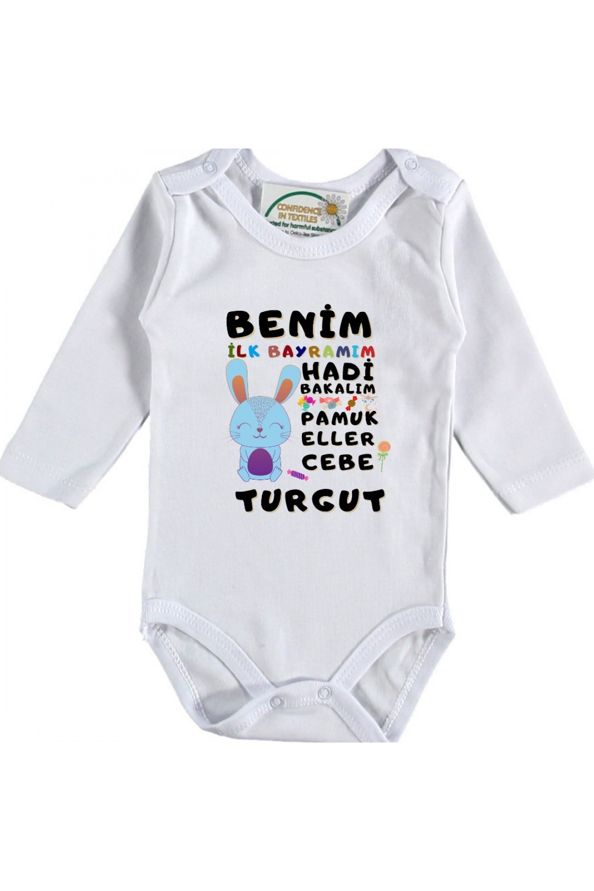 Benim İlk Bayramım Pamuk Eller cebe tavşanlı tasarım Yazılı Bebek Zıbın