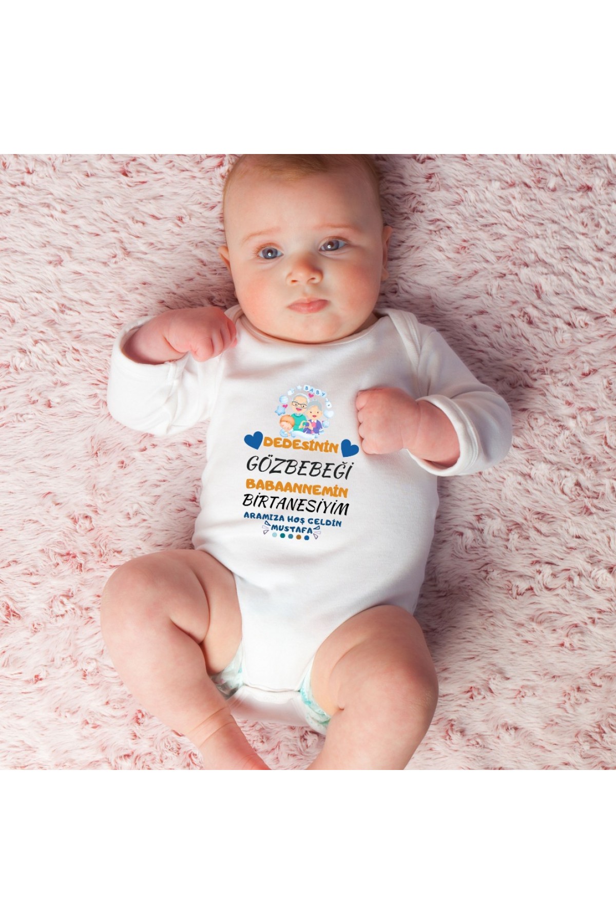 Dedemin Gözbebeği Babaannemin Birtanesiyim Yazılı Kişiye özel Erkek Bebek Zıbın