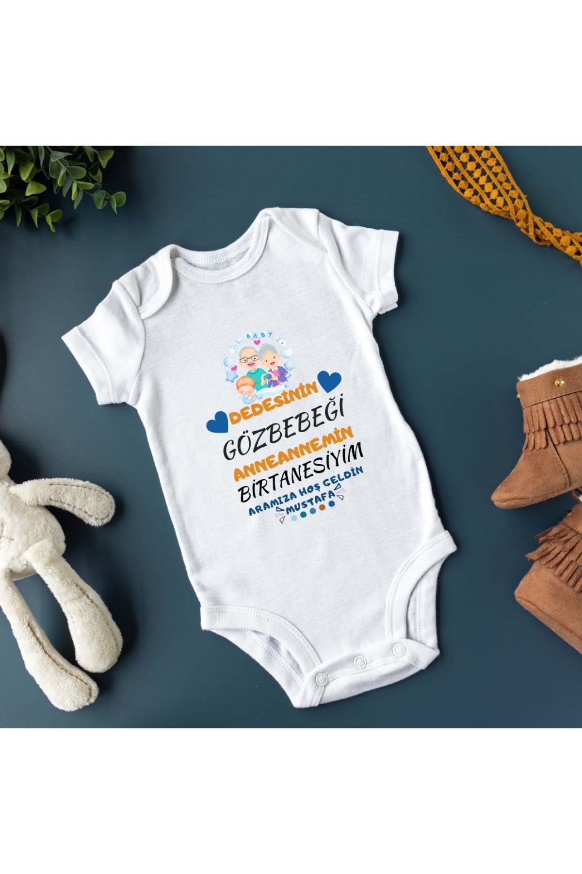 Dedemin Gözbebeği Babaannemin Birtanesiyim Yazılı Kişiye özel Erkek Bebek Zıbın