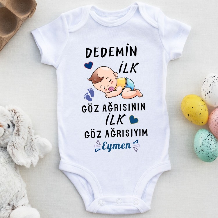 Dedemin İlk Göz Ağrısının İlk Göz Ağrısıyım Yazılı Erkek Bebek Zıbın