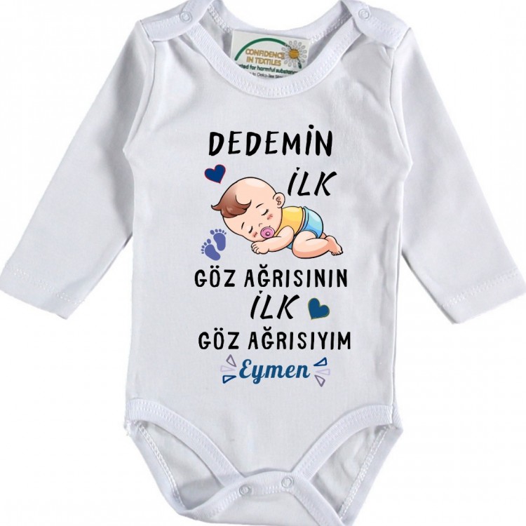 Dedemin İlk Göz Ağrısının İlk Göz Ağrısıyım Yazılı Erkek Bebek Zıbın