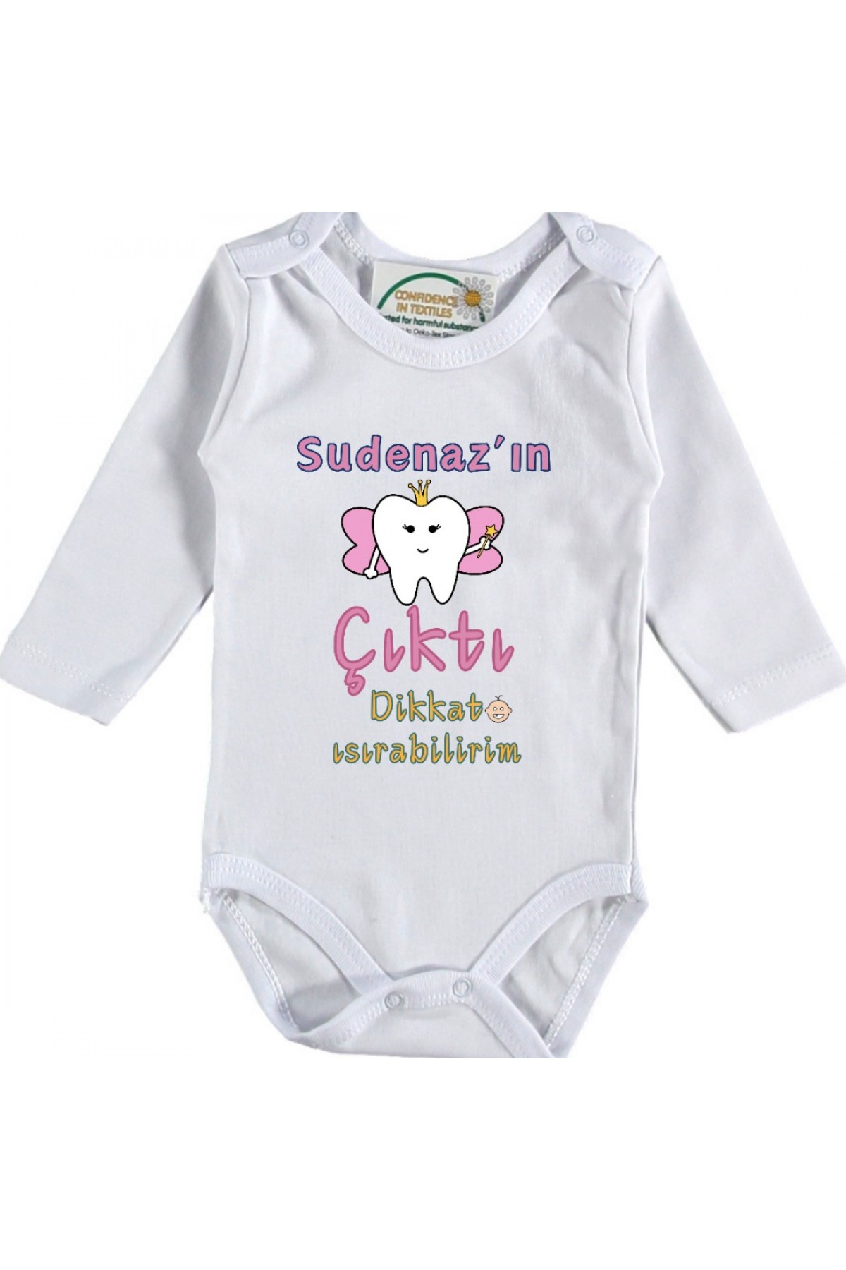 İlk Dişi Çıktı Dikkat Isırabilirim Yazılı Kız Bebek Zıbın