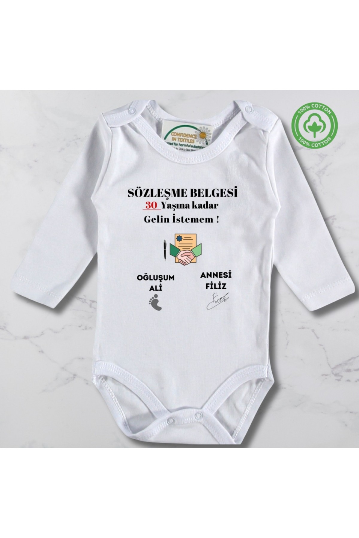 Sözleşme belgesi 30 Yaşına kadar gelin İstemem Kişiye Özel Erkek Bebek Zıbın