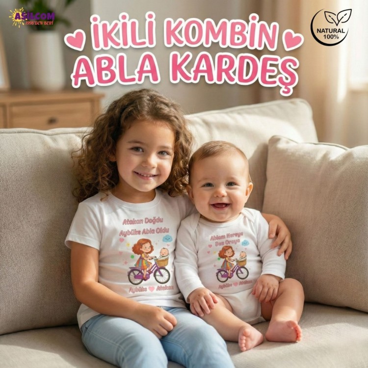 Kişiye Özel İsimli Abla Kardeş Kombini – Bisiklet Temalı Tişört ve Zıbın Seti
