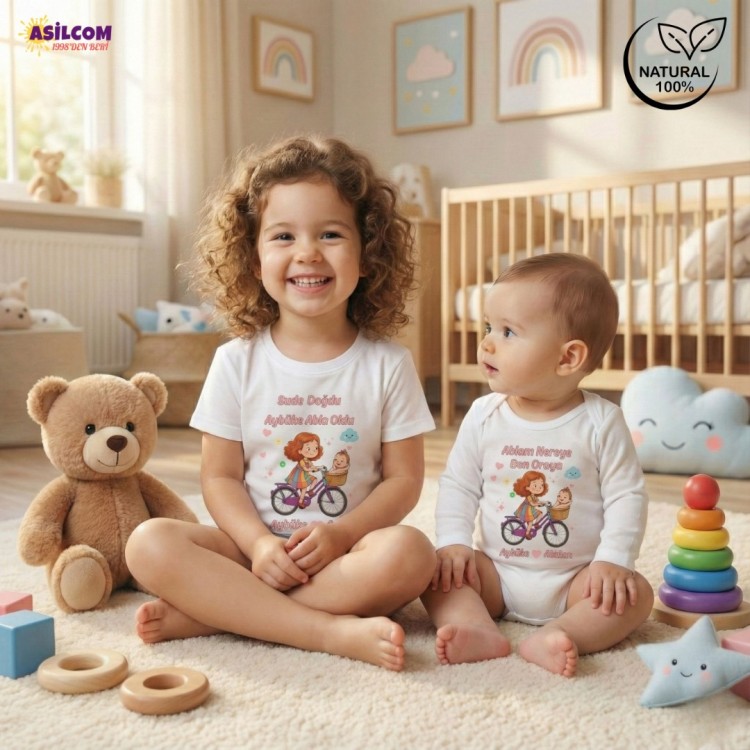 Kişiye Özel İsimli Abla Kardeş Kombini – Bisiklet Temalı Tişört ve Zıbın Seti