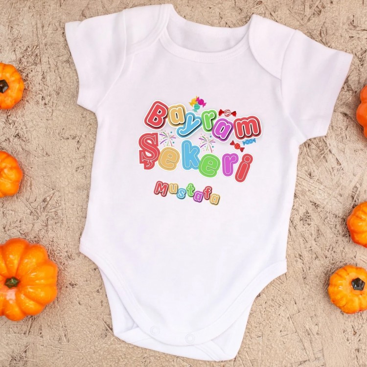 Bayram Şekeri Yazılı Kişiye Özel Bebek Zıbın - %100 Pamuk