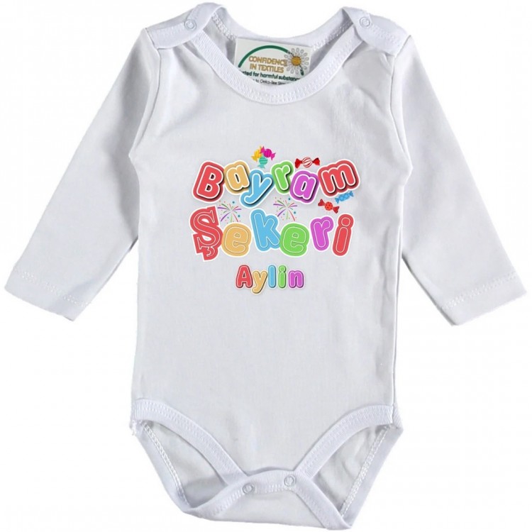 Bayram Şekeri Yazılı Kişiye Özel Bebek Zıbın - %100 Pamuk