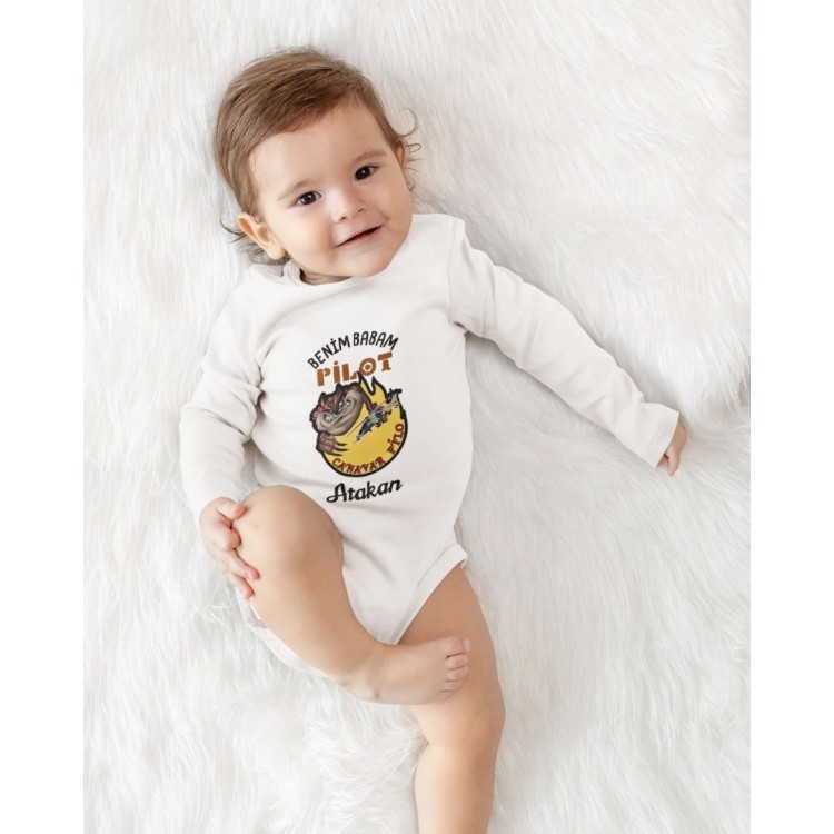 Benim Babam Pilot Yazılı Kişiye Özel Bebek Zıbın - %100 Pamuk Benim Babam Pilot Yazılı Kişiye Özel Bebek Zıbın - %100 Pamuk