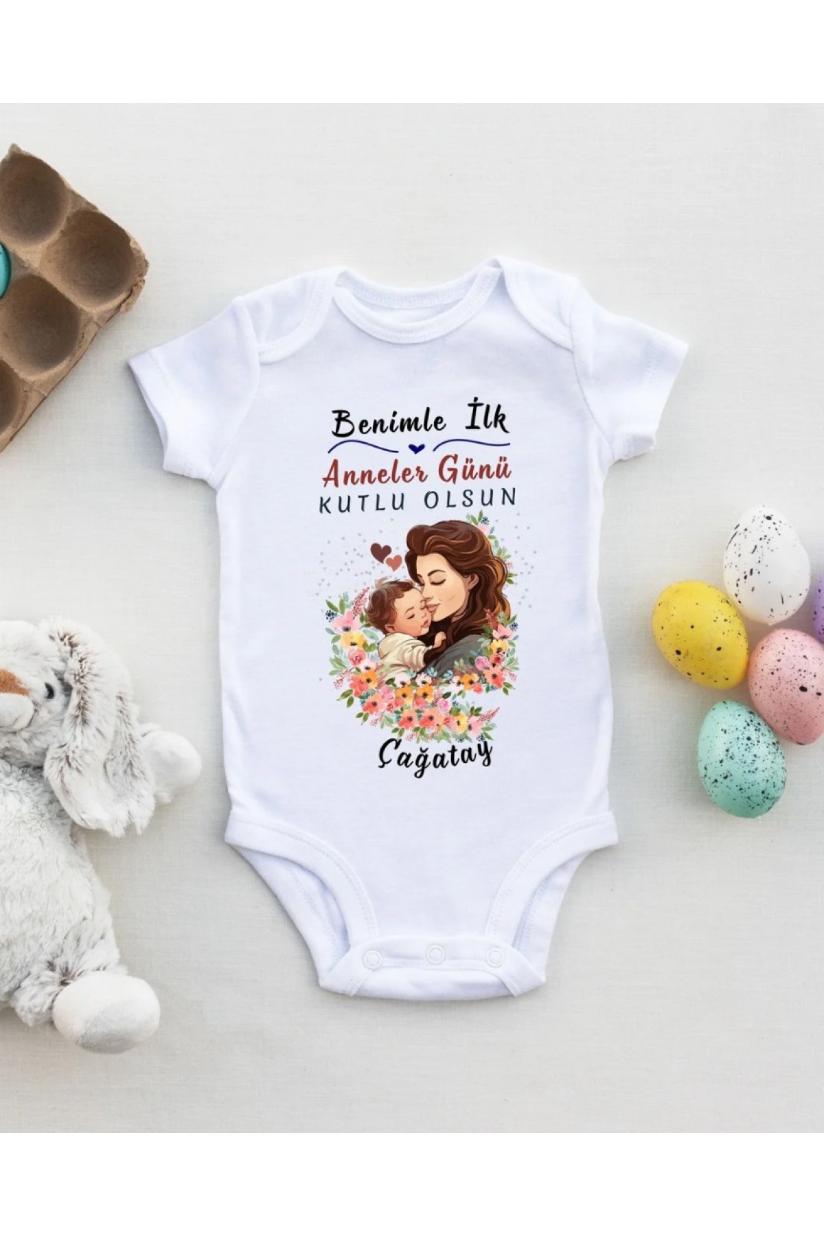 Benimle İlk Anneler Gününe özel Yazılı Kişiye özel Bebek Zıbın  - %100 Pamuk