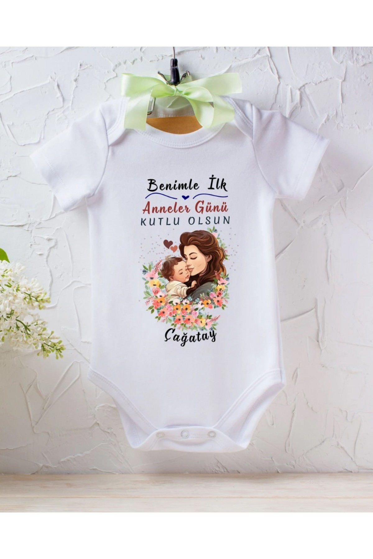 Benimle İlk Anneler Gününe özel Yazılı Kişiye özel Bebek Zıbın  - %100 Pamuk
