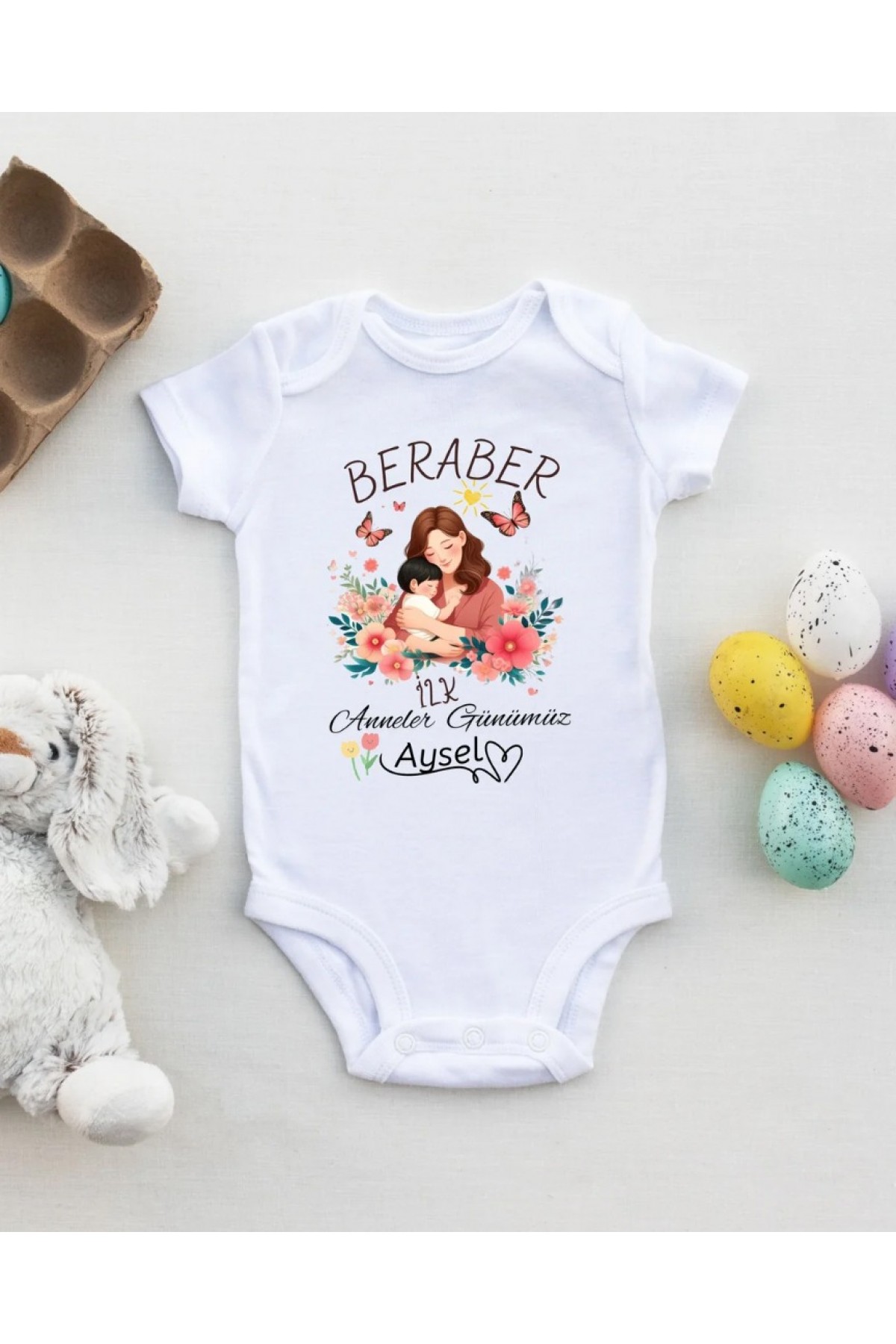 Benimle İlk Anneler Günü Yazılı Kişiye özel Bebek Zıbın-1 %100 Pamuk