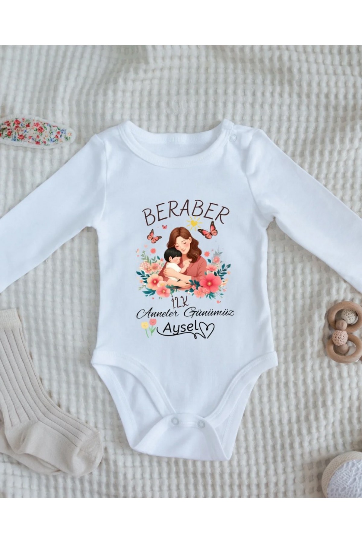 Benimle İlk Anneler Günü Yazılı Kişiye özel Bebek Zıbın-1 %100 Pamuk