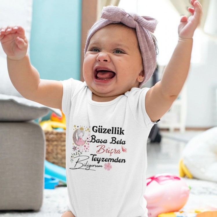 Bu Güzellik Başa Bela Yazılı Kişiye Özel Bebek Zıbın - %100 Pamuk
