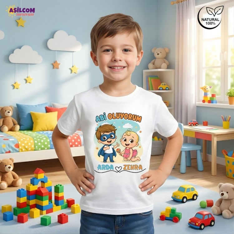 Kişiye Özel İsimli "Abi Oluyorum" Baskılı Çocuk Tişörtü – Kardeş Müjdesi
