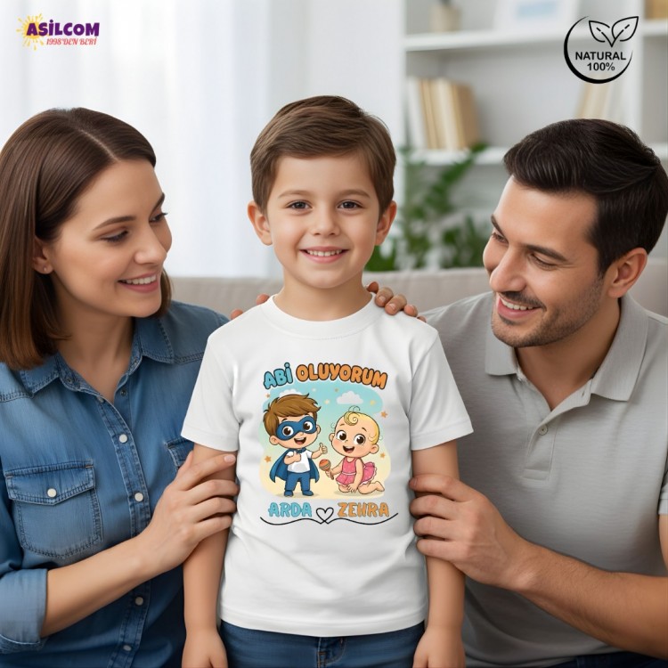 Kişiye Özel İsimli "Abi Oluyorum" Baskılı Çocuk Tişörtü – Kardeş Müjdesi