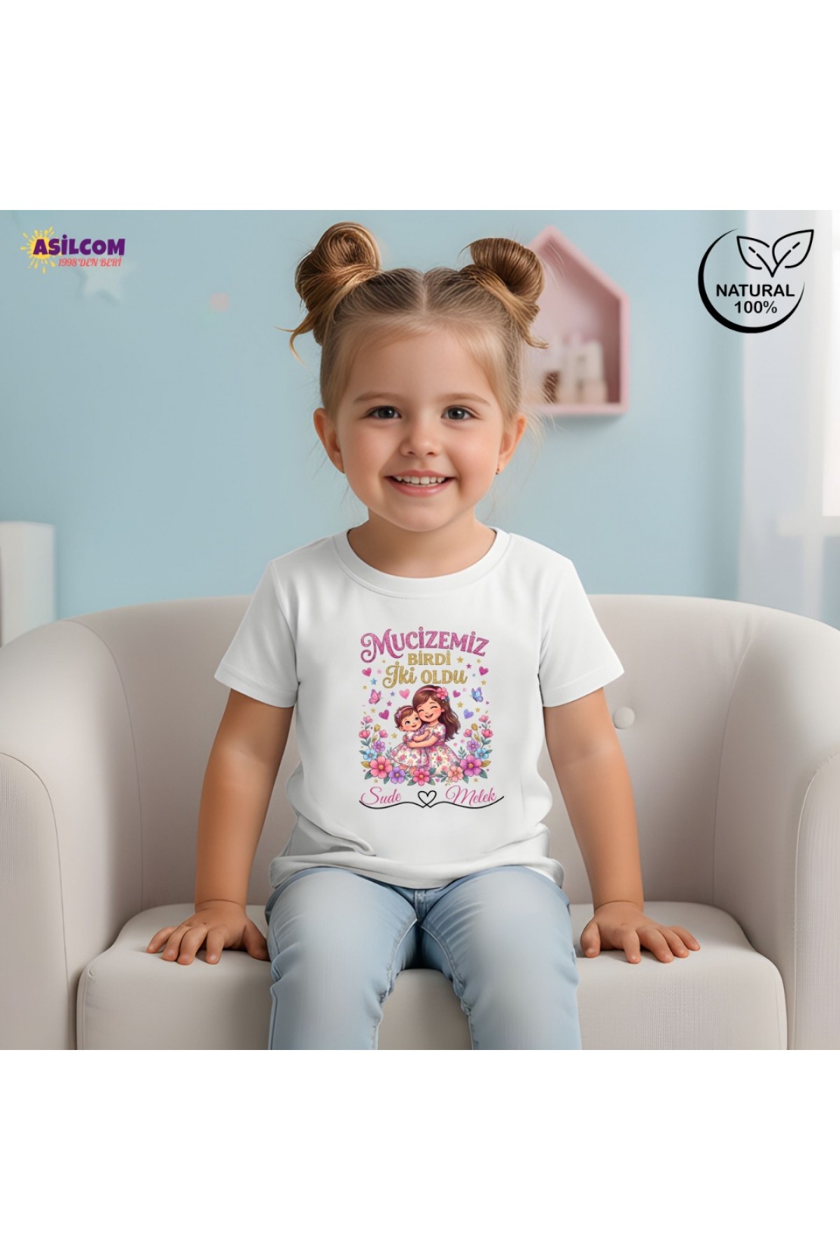 Kişiye Özel İsim Yazılı "Mucizemiz Birdi İki Oldu" Kız Kardeş Tişörtü