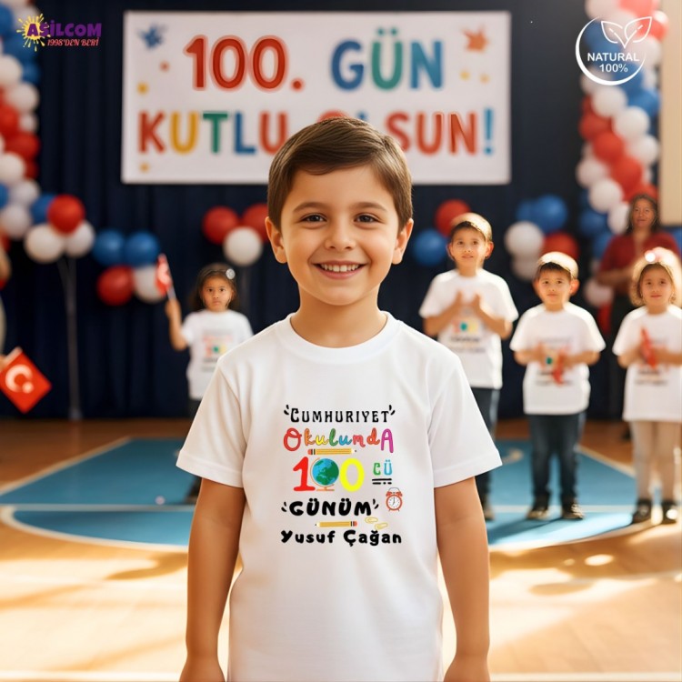 Benim Okulumda 100. Gün! İsimli ve Temalı Çocuk Tişörtü (Okul Yılı Hatırası)