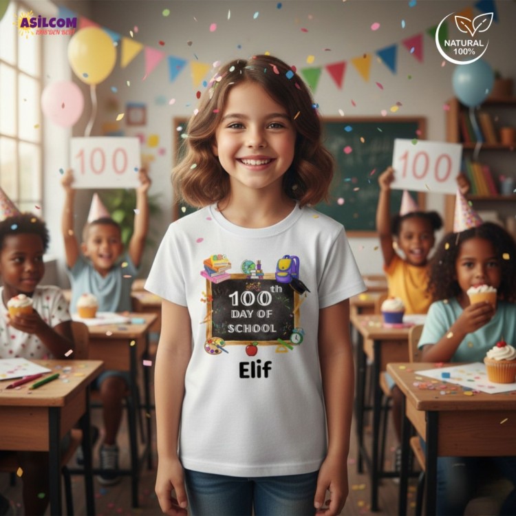 Okulda 100. Günüm Kişiye Özel Tişört – İsimli Çocuk Kutlama Tişört