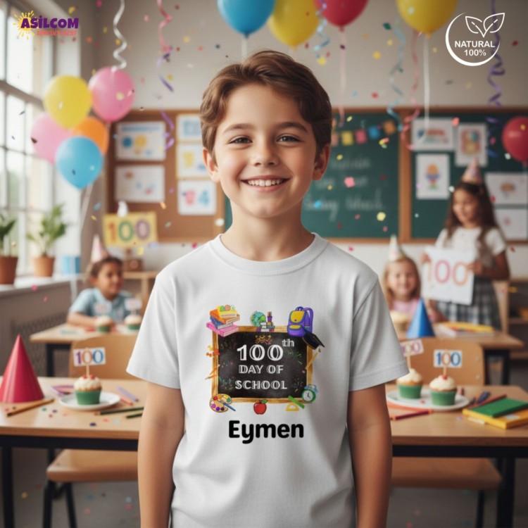 Okulda 100. Günüm Kişiye Özel Tişört – İsimli Çocuk Kutlama Tişört