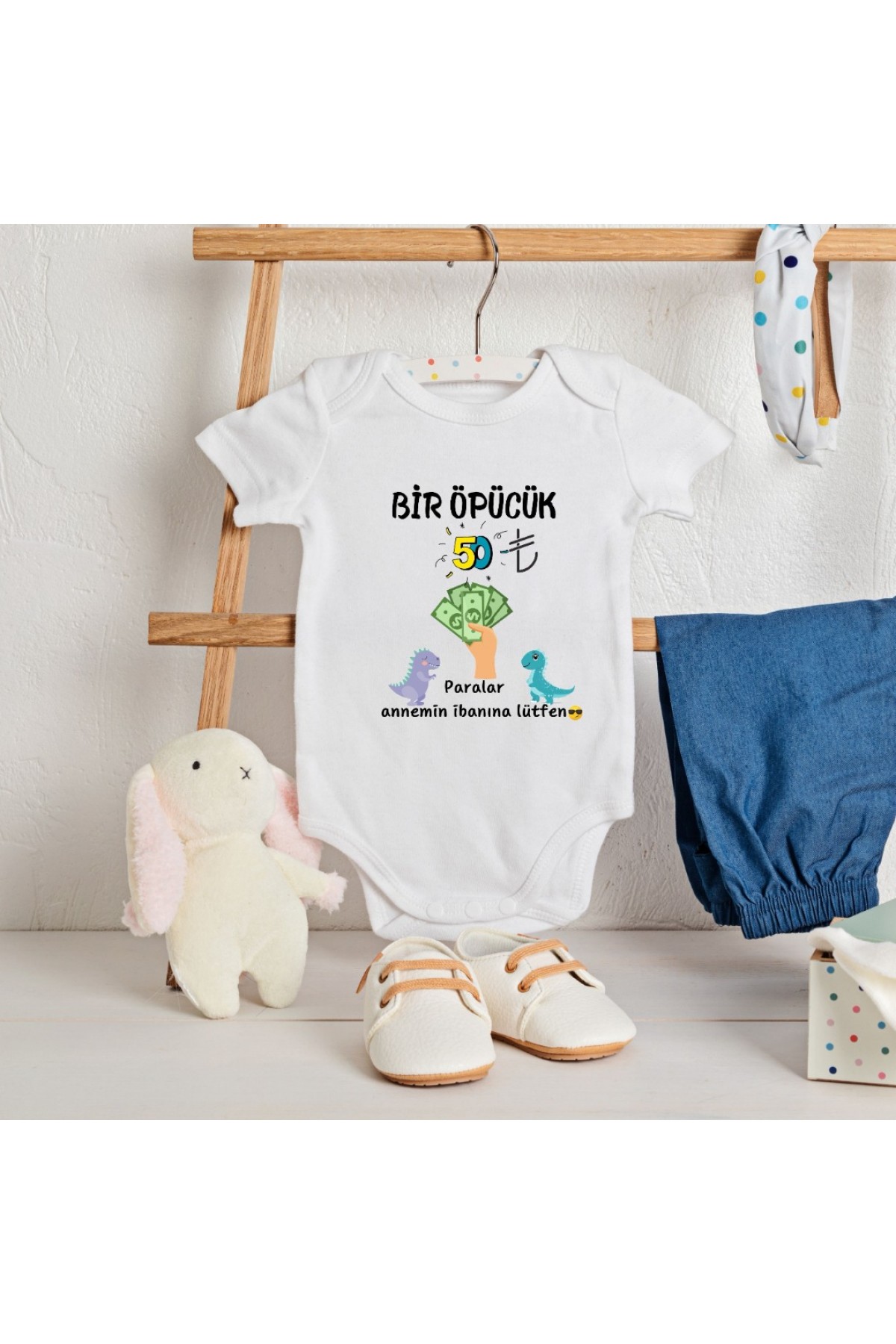 Bir Öpücük 50 TL Yazılı Kişiye Özel Bebek Zıbın - %100 pamuk