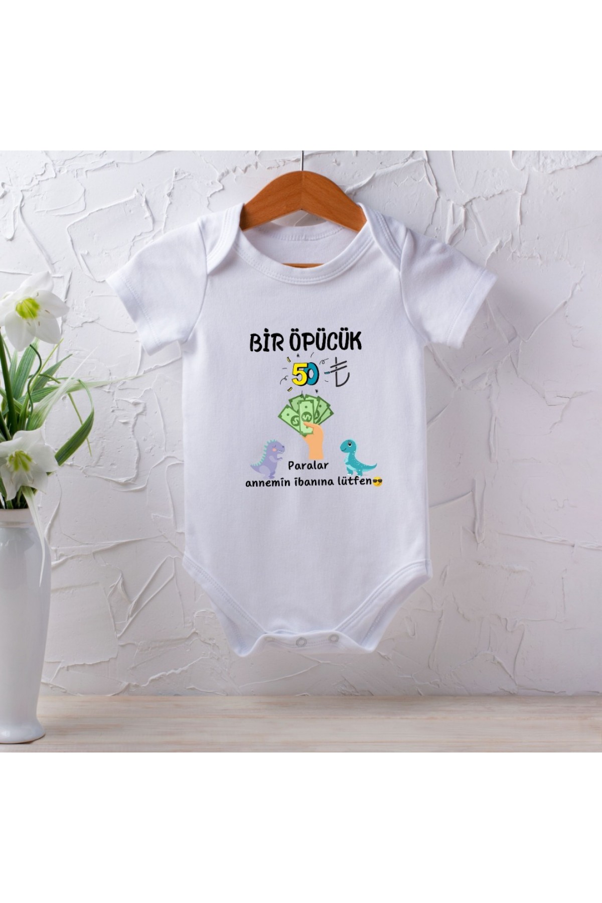 Bir Öpücük 50 TL Yazılı Kişiye Özel Bebek Zıbın - %100 pamuk