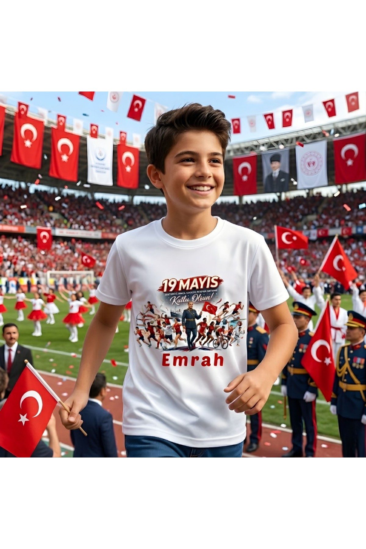 Kişiye Özel İsim Yazılı 19 Mayıs Tişörtü - Atatürk'ü Anma Gençlik ve Spor Bayramı Temalı Çocuk Tişörtü - Premium Baskılı