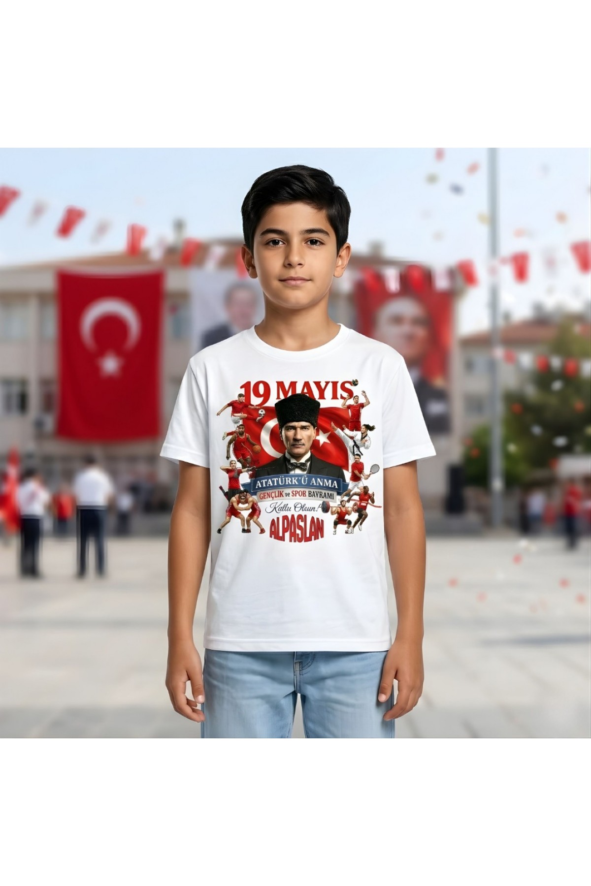 Kişiye Özel İsimli 19 Mayıs Atatürk ve Spor Temalı Çocuk Tişörtü
