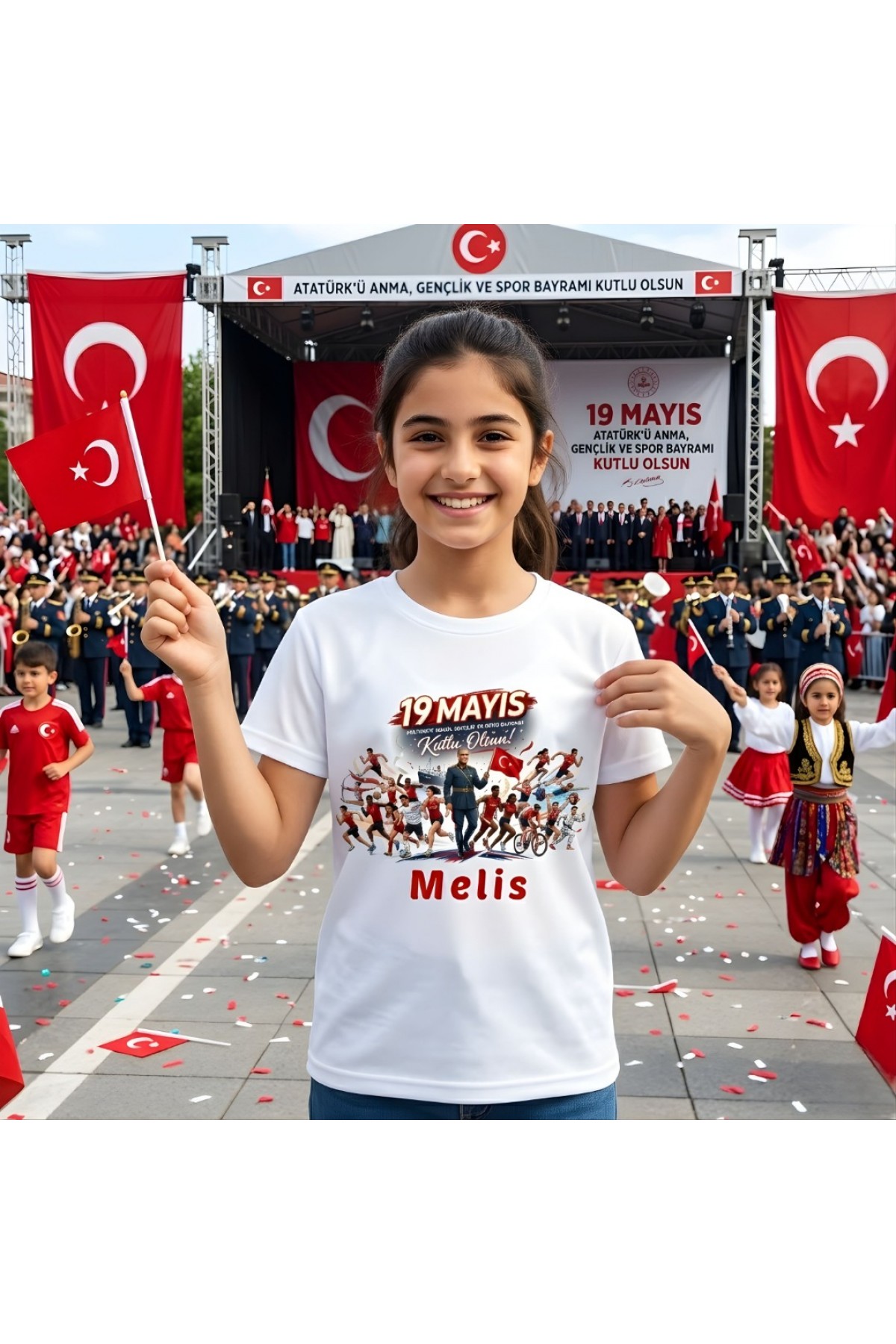 Kişiye Özel İsim Yazılı 19 Mayıs Tişörtü - Atatürk'ü Anma Gençlik ve Spor Bayramı Temalı Çocuk Tişörtü - Premium Baskılı
