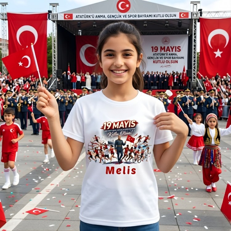 Kişiye Özel İsim Yazılı 19 Mayıs Tişörtü - Atatürk'ü Anma Gençlik ve Spor Bayramı Temalı Çocuk Tişörtü - Premium Baskılı