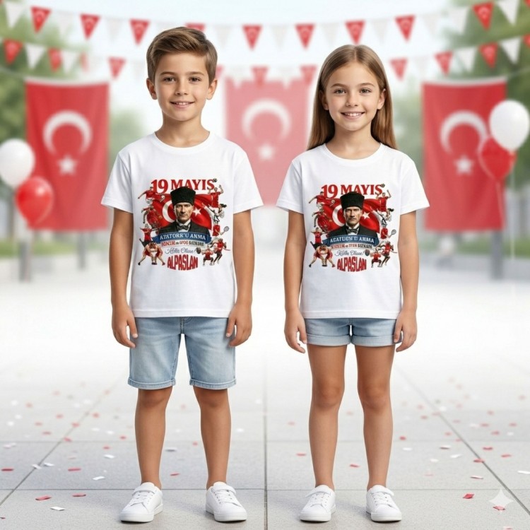 Kişiye Özel İsimli 19 Mayıs Atatürk ve Spor Temalı Çocuk Tişörtü