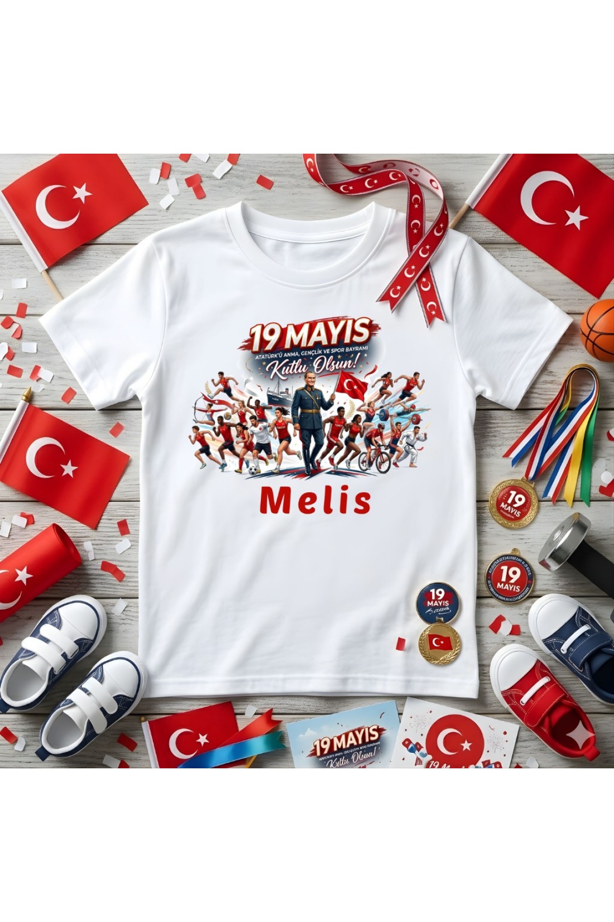 Kişiye Özel İsim Yazılı 19 Mayıs Tişörtü - Atatürk'ü Anma Gençlik ve Spor Bayramı Temalı Çocuk Tişörtü - Premium Baskılı