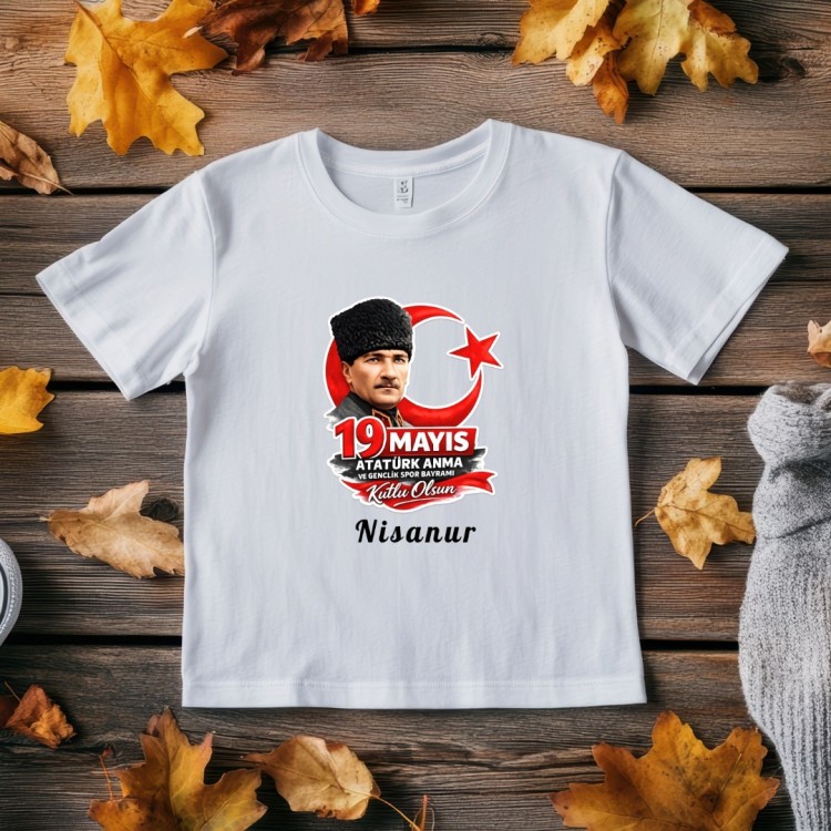 19 Mayıs Kişiye Özel İsimli Çocuk Tişörtü – Atatürk Baskılı %100 Pamuk Tişörtü