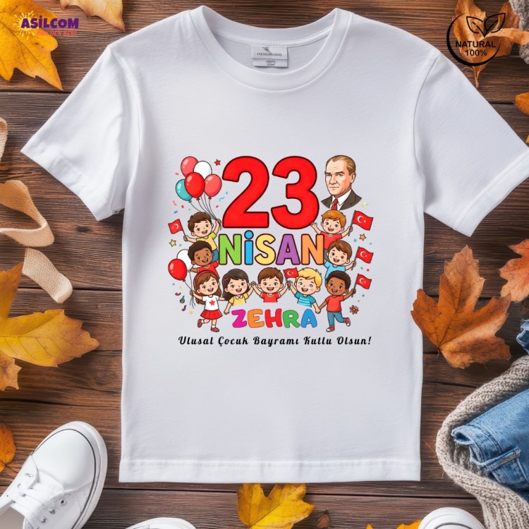Kişiye Özel İsim Yazılı 23 Nisan Çocuk Tişörtü - Atatürk Tasarımlı
