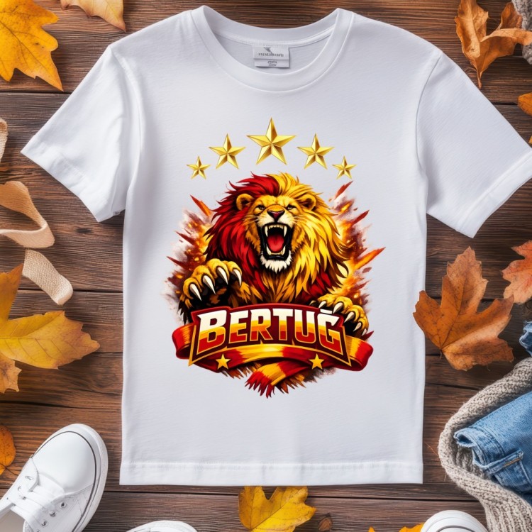 Kişiye Özel İsimli Aslan Tasarımlı  Çocuk Tişörtü – Kırmızı Sarı Taraftar Konseptli