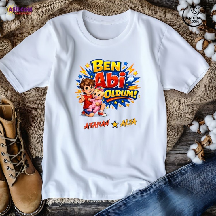 Kişiye Özel İsim Yazılı "Ben Abi Oldum" Çocuk Tişörtü