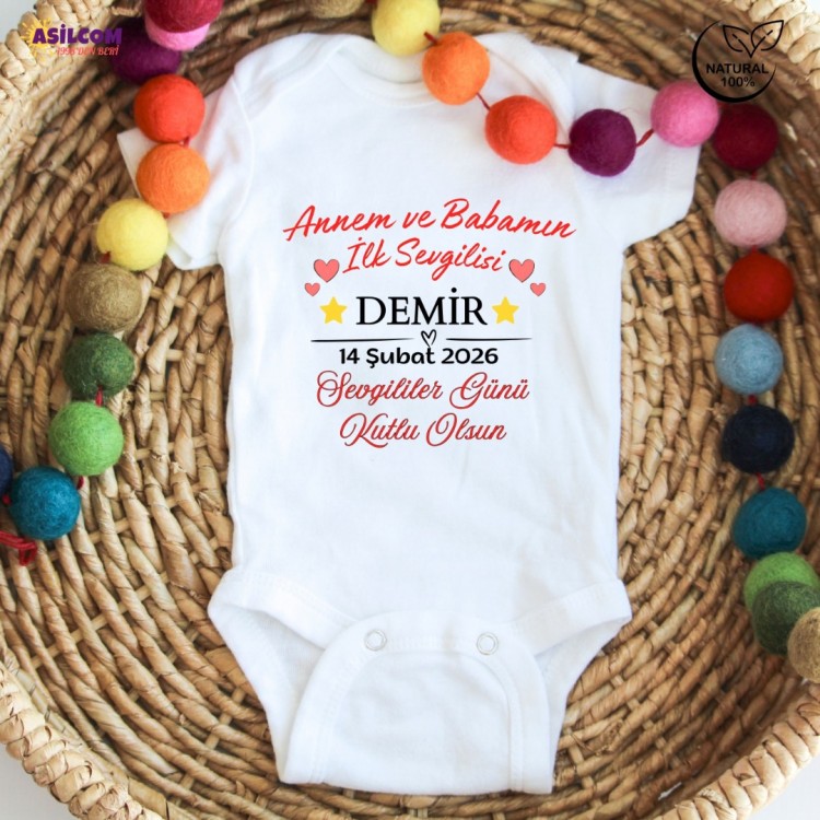 Kişiye Özel İsimli 14 Şubat Bebek Zıbını - Annem ve Babamın İlk Sevgilisi Tasarımlı