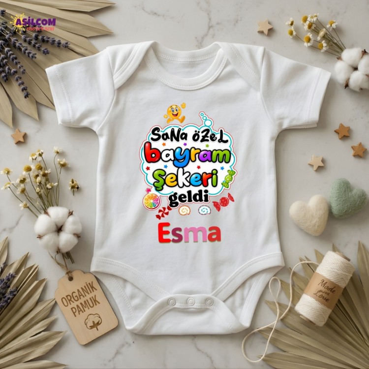Kişiye Özel İsimli Bebek Zıbını – Bayram Şekeri Tasarım %100 Pamuk